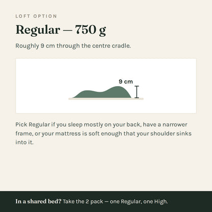 Regular Loft, the lower 750 g fill, for back sleepers and softer mattresses